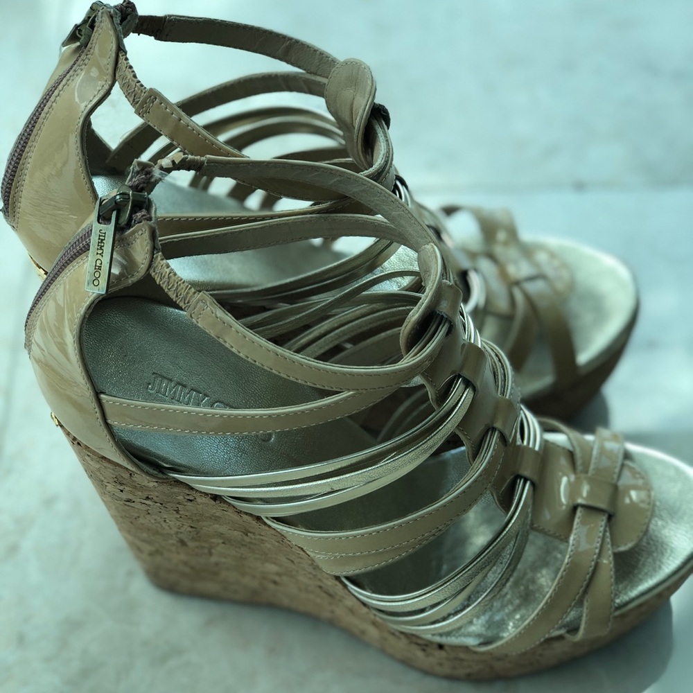 Jimmy Choo Gold Nude strappy cork Weges - Picture 2 of 8